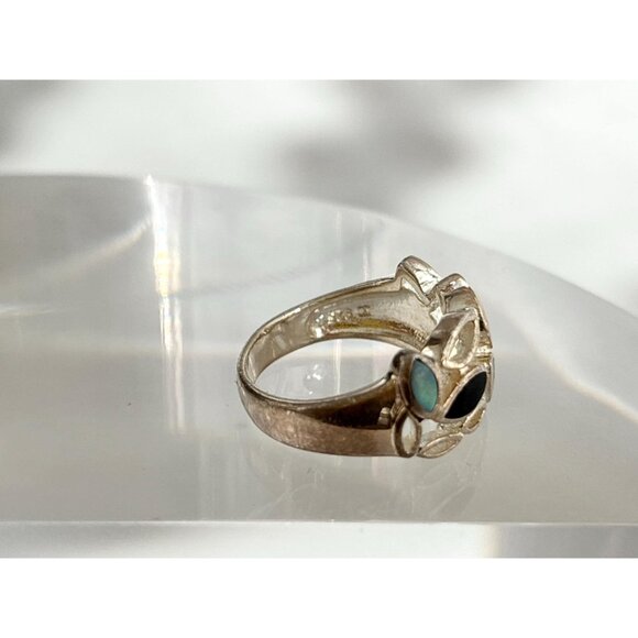 Multi Gemstone Abalone, MOP & Black Onyx 925 Sterling Vintage Ring - sz 6 - Picture 6 of 12